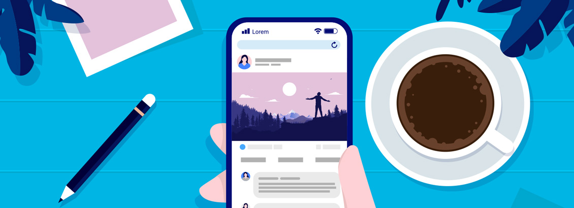 Ilustración de Chica Haciendo Scroll en Facebook Desde su Teléfono