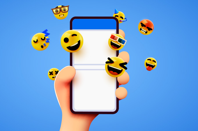 Ilustracin de Persona Sosteniendo Telfono con Soundmojis Sobresaliendo de l