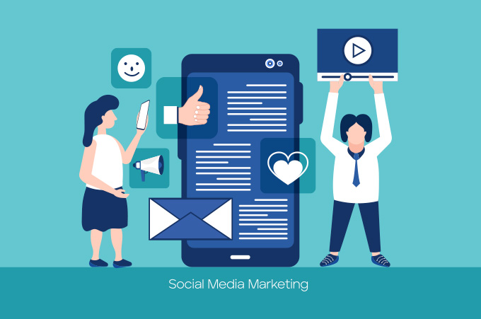 Imagen Compuesta por Telfono, dos Personas y Signos Caracersticos de Social Media Marketing