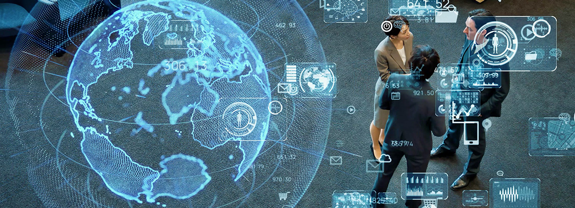 Entorno Corporativo con Globo Terráqueo y Elementos Digitales Superpuestos