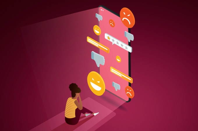 Ilustracin de Chica Sentada Frente a Pantalla de Smartphone Gigante, Llorando Ante el Cyberbullying