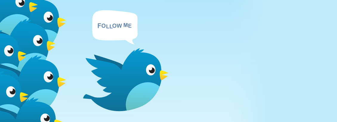 Ilustración de Varios Pájaros de Twitter con Búrbuja de Diálogo que dice Sígueme