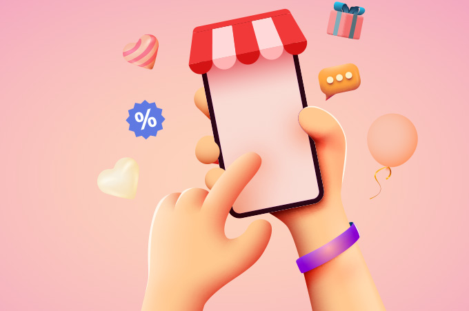 Ilustracin de Mano Sosteniendo Smartphone con conos de Tienda Online