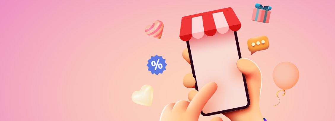 Ilustracin de Mano Sosteniendo Smartphone con conos de Tienda Online