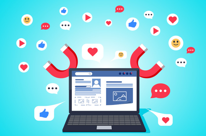 Ilustracin de Laptop con conos de Likes Comentarios Atrados por Imanes de Viralizacin de Contenido
