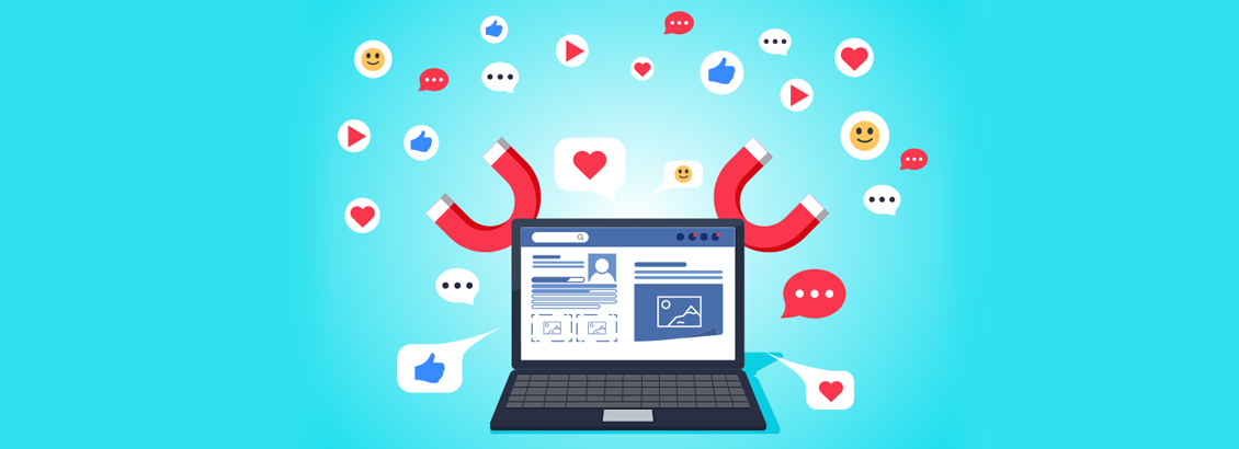 Ilustración de Laptop con Íconos de Likes Comentarios Atraídos por Imanes de Viralización de Contenido