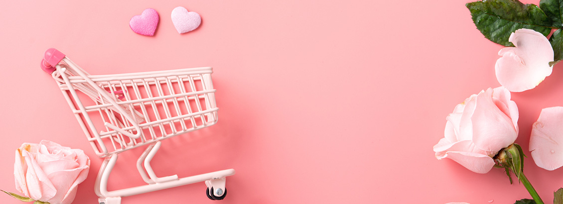 Ilustración Rosa de Carrito de Compras con Pétalos y Corazones por el Día de las Madres