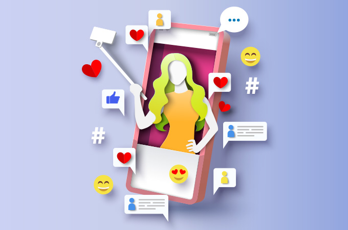 Ilustracin de Chica Influencer Sobresaliendo de Pantalla de Smartphone Mientras Graba Contenido