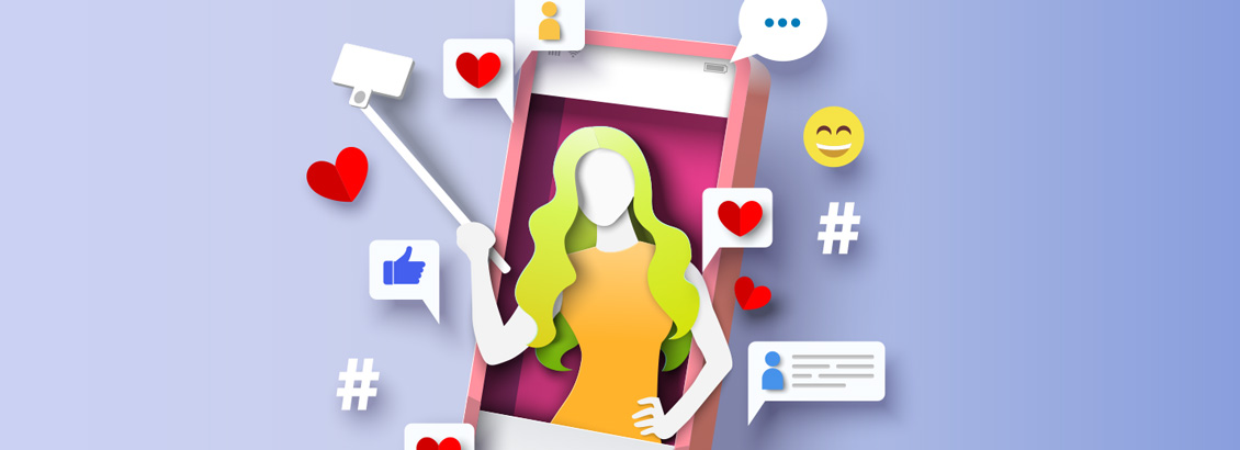 Ilustracin de Chica Influencer Sobresaliendo de Pantalla de Smartphone Mientras Graba Contenido