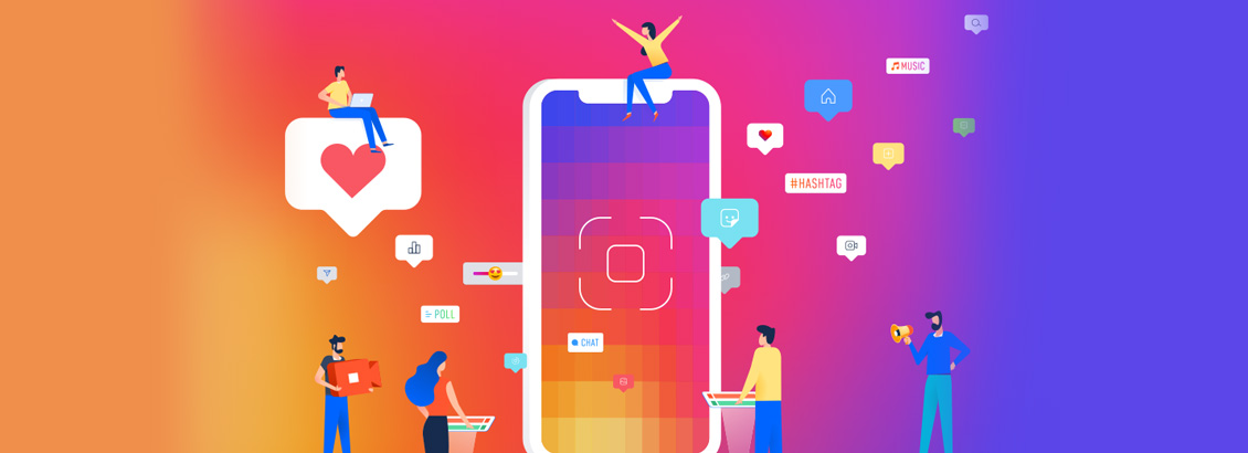 Ilustracin con Smartphone que Muestra Instagram en Pantalla y Notificaciones Alrededor Junto a Seis Personas