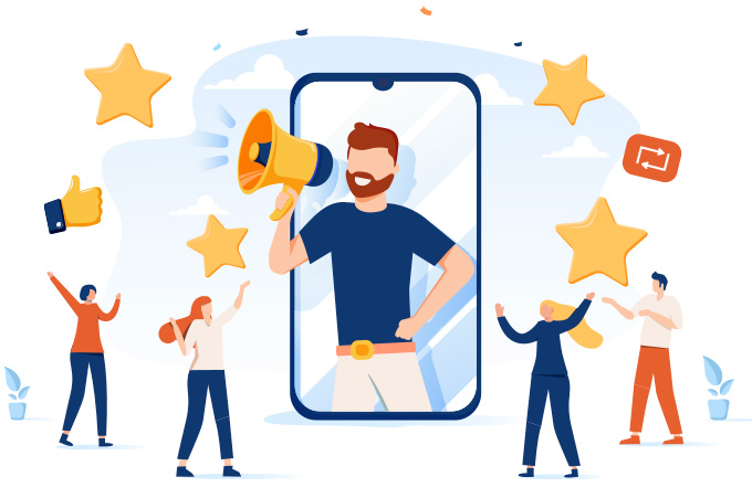 Ilustracin de Hombre con Megfono que Sale de Pantalla de Smartphone con Estrellas Alrededor