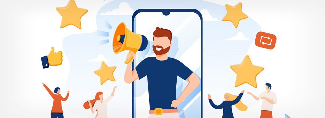 Ilustración de Hombre con Megáfono que Sale de Pantalla de Smartphone con Estrellas Alrededor