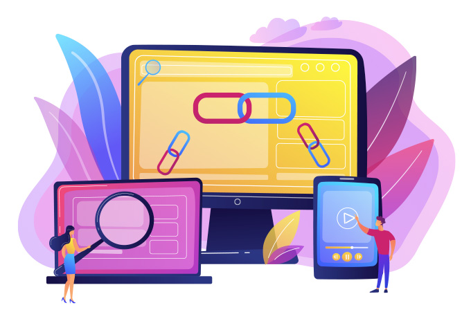 Ilustracin de Dispositivos Inteligentes con Enlaces, Lupa y Reproductor de Videos