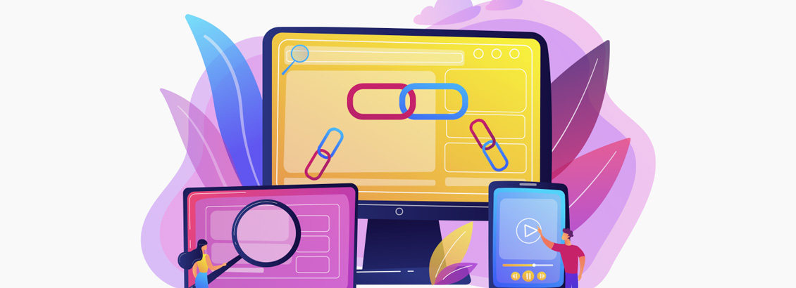 Ilustración de Dispositivos Inteligentes con Enlaces, Lupa y Reproductor de Videos