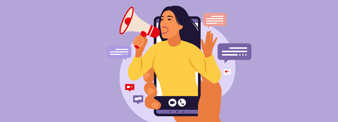 Ilustración Vectorial de Influencer con Megáfono Generando Engagement en Instagram desde Pantalla de Celular