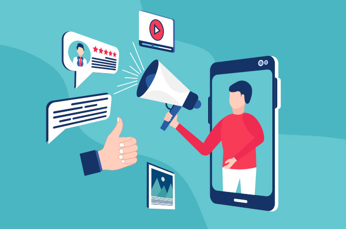 Ilustracin de Personaje Sobresaliendo de Smartphone, Usando Megfono Para Hablar