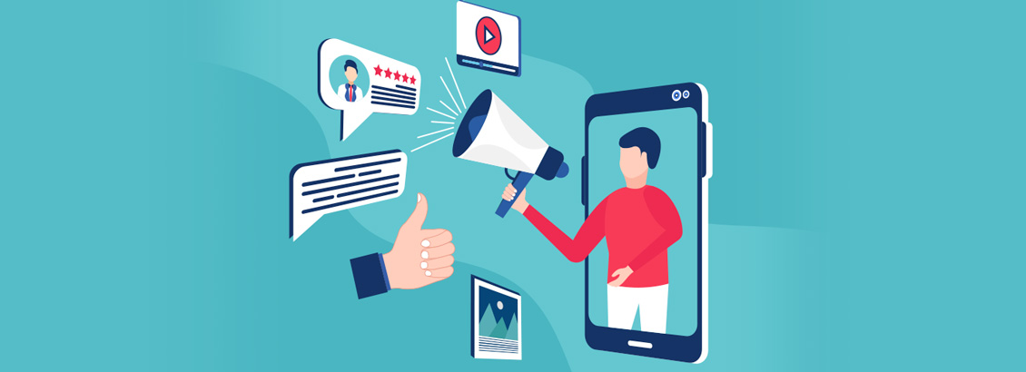 Ilustración de Personaje Sobresaliendo de Smartphone, Usando Megáfono Para Hablar