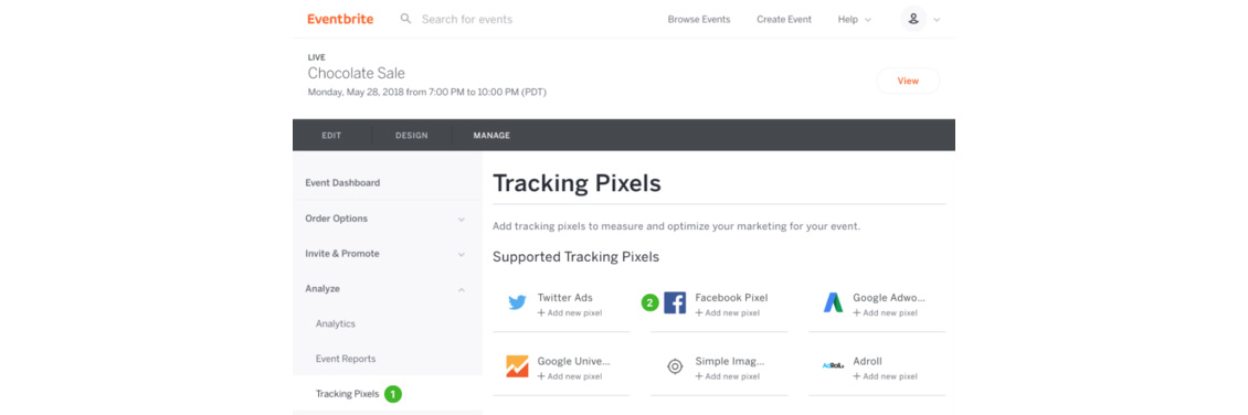 Captura de Página Para Añadir Facebook Pixel en Eventbrite