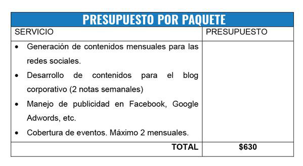 Plantilla de Presupuesto de Servicios de Redes Sociales por Paquete