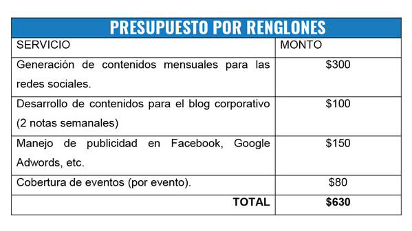 Plantilla de Presupuesto de Servicios de Redes Sociales por Renglones
