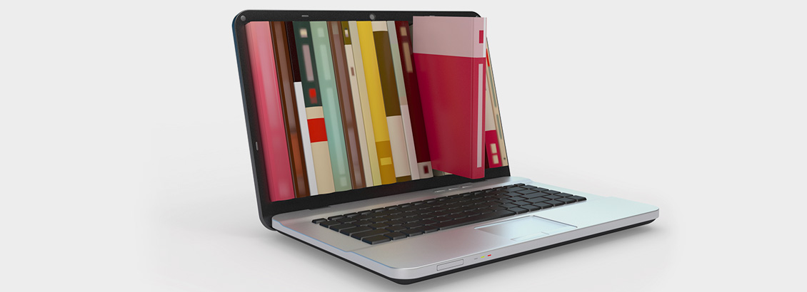 Ilustración de Librería Virtual Mostrándose en Pantalla de Laptop
