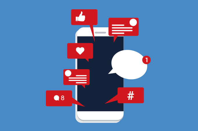 Ilustracin de Smartphone con Notificaciones de Likes y Comentarios Sobresaliendo de la Pantalla